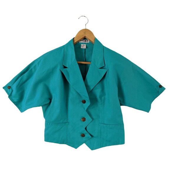 Vintage Nok Nok Jacket & Skirt Set Asymmetrical Button Up ZigZag Front Teal Blue - Picture 3 of 15